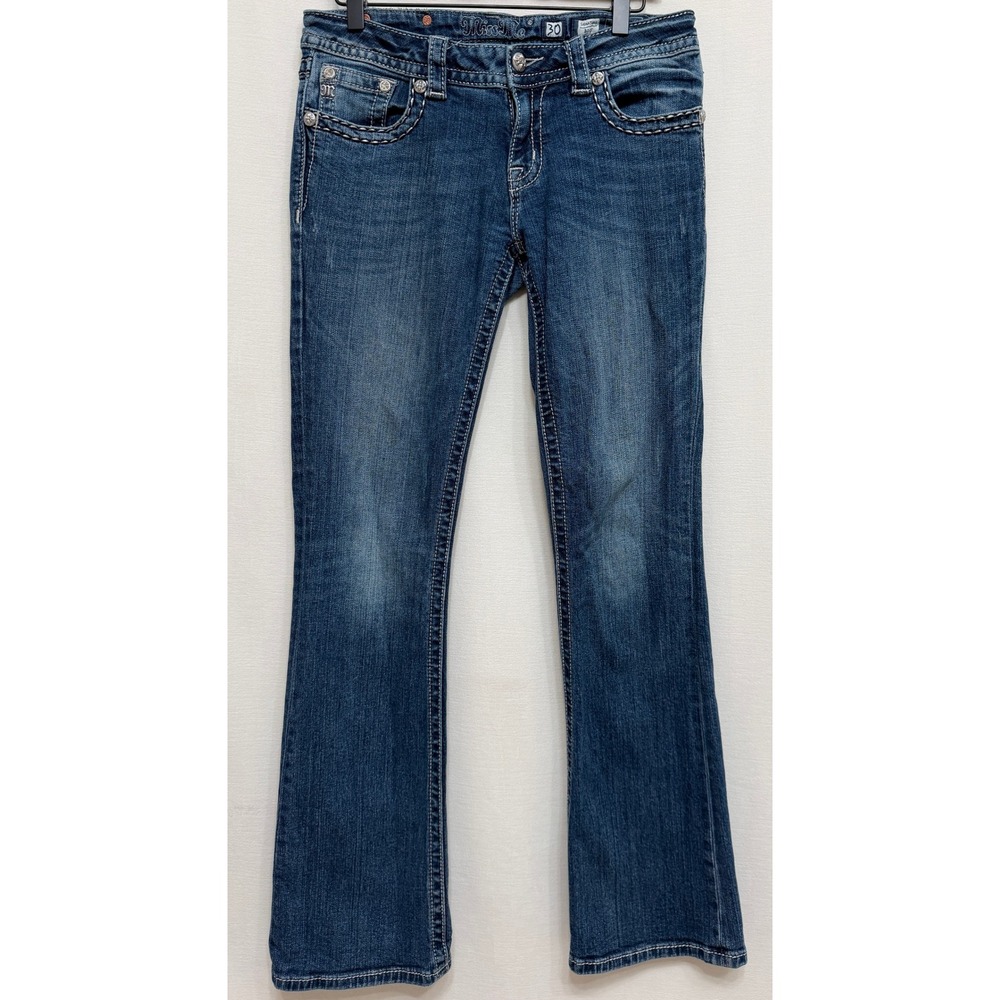 Miss Me Womens Signature Boot Cut Jeans Cross Embellished Blue Denim Size 30 Y2K